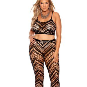 Plus Size Black Zig Zag Crochet Net Cami Top and Leggings Set